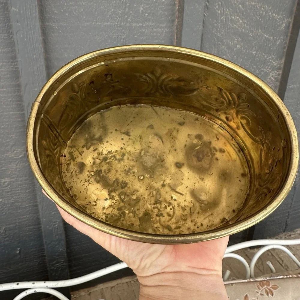 Vintage Brass Oval Planter Embossed Stamped Decorative Pot Ornate India